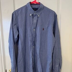 Ralph Lauren Blue Gingham Plaid Mens Shirt Custom Fit Cotton Stretch  Large